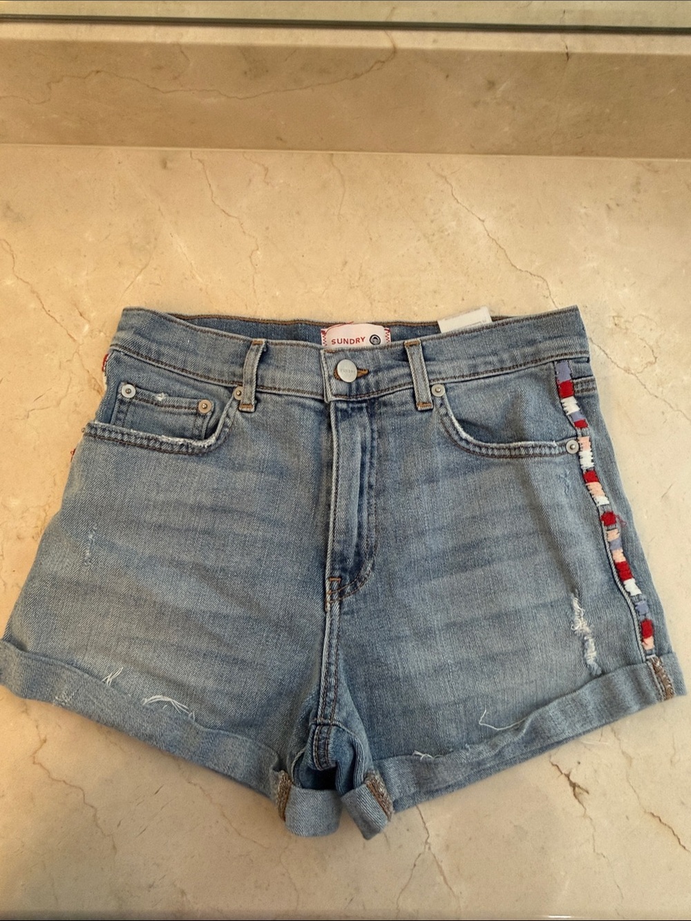 Sundry Light Wash Denim Shorts with Red-Trim Side Stripe